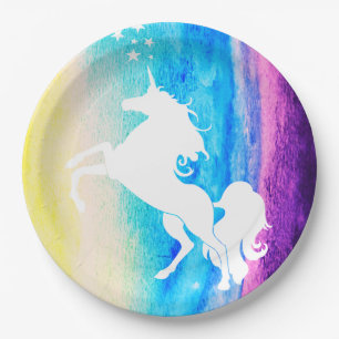 Rainbow Watercolor & White Unicorn Silhouette Paper Plate