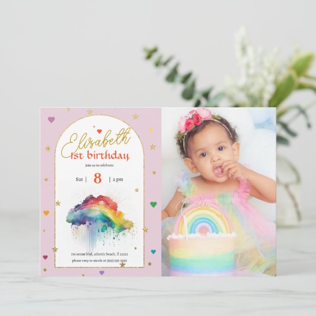 Rainbow Watercolour 1st Photo Birthday Invitation (Standing Front)