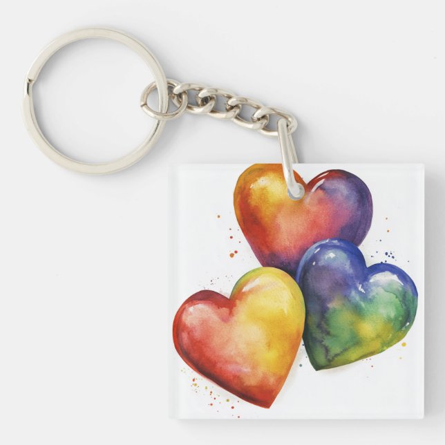 Rainbow Watercolour Hearts Digital Art Key Ring (Front)