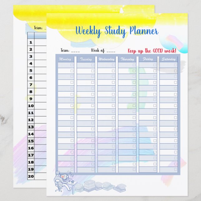 Rainbow Watercolour Study Planner and Things to Do (Front/Back)
