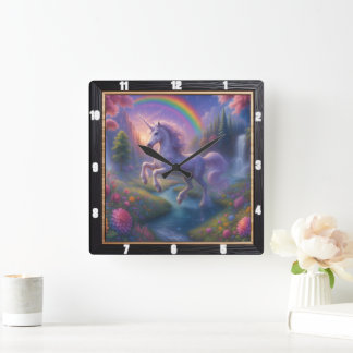 Rainbow Waterfall Dreamy Unicorn Square Wall Clock