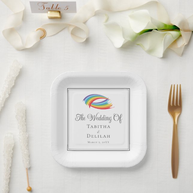 Rainbow Waves Chic LGBT Wedding Square Paper Plate (Wedding)