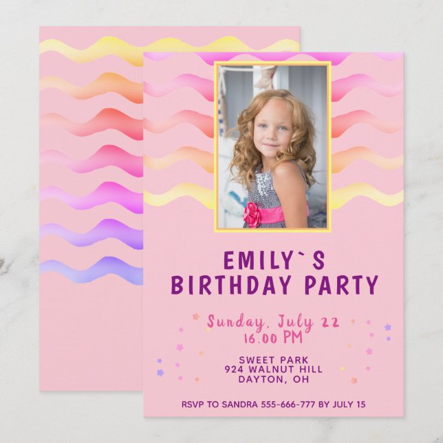 Rainbow Waves Pink Girl Photo Birthday Party Invitation (Front/Back)