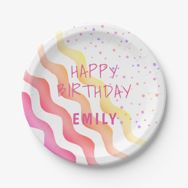 Rainbow Waves Stars Girly Birthday Party Paper Plate (Front)