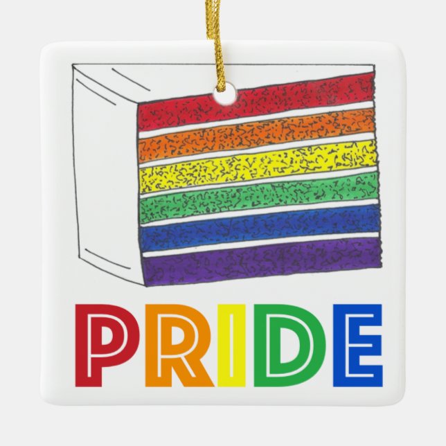 Rainbow Wedding Cake Slice LGBT Gay Pride Ceramic Ornament (Front)