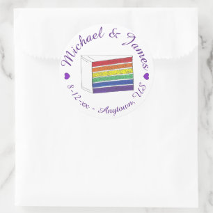 Rainbow Wedding Cake Slice Purple Heart LGBT Gay Classic Round Sticker
