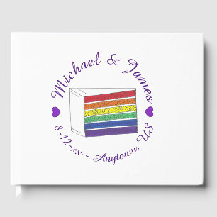 Rainbow Wedding Cake Slice Purple Heart LGBT Gay Guest Book