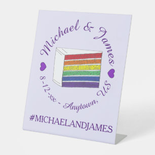 Rainbow Wedding Cake Slice Purple Heart LGBT Gay Pedestal Sign