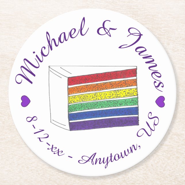 Rainbow Wedding Cake Slice Purple Heart LGBT Gay Round Paper Coaster (Front)