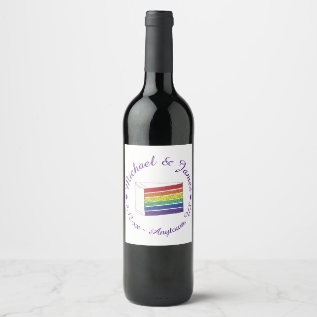 Rainbow Wedding Cake Slice Purple Heart LGBT Gay Wine Label (Front)