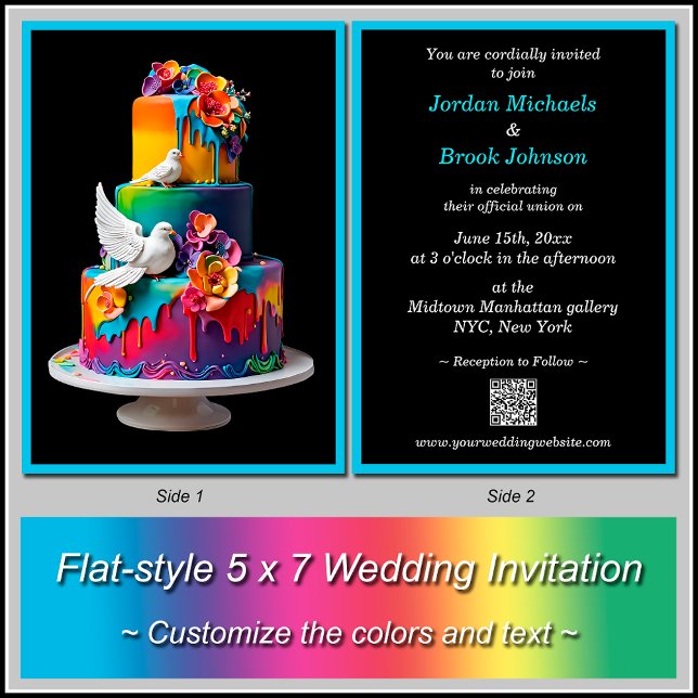 Rainbow Wedding Cake with Doves Wedding Invitation (Change the black background and turquoise border to any colors you like.)