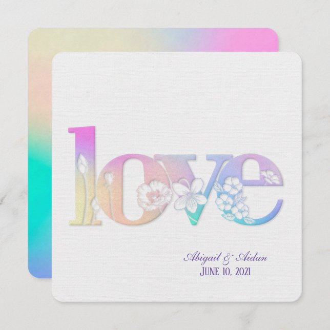 rainbow wedding floral love text on white invitation (Front/Back)