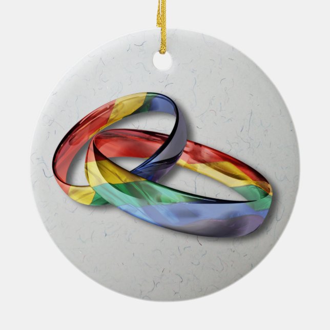 Rainbow Wedding Rings for Marriage Equality Ceramic Tree Decoration (Back)
