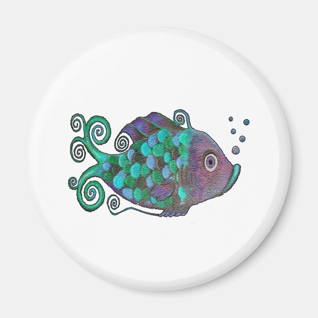 Rainbow Whimsical Fish Blue & Purple Hue Art Magnet (Front)