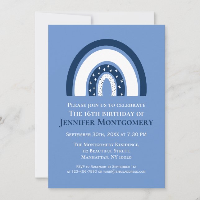 Rainbow White And Blue 16th Birthday Party Invitation (Front)