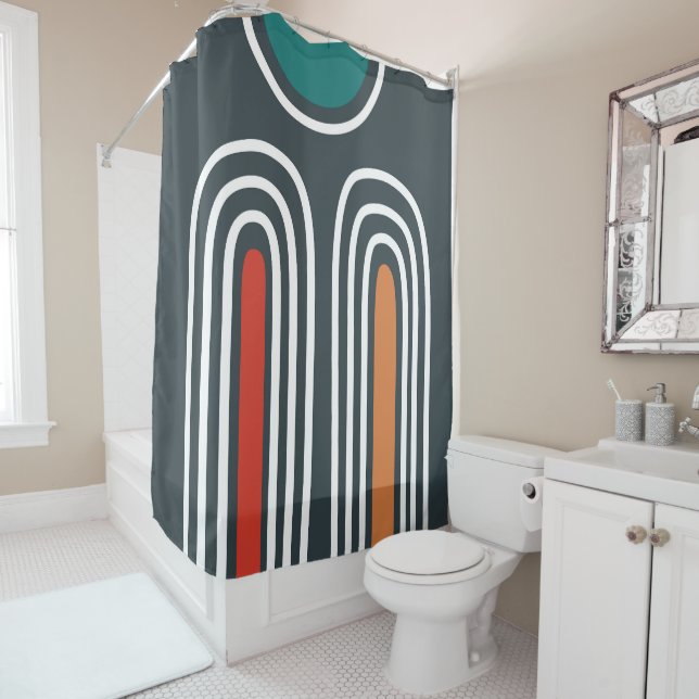 Rainbow white lines in blue artwork shower curtain (In Situ)