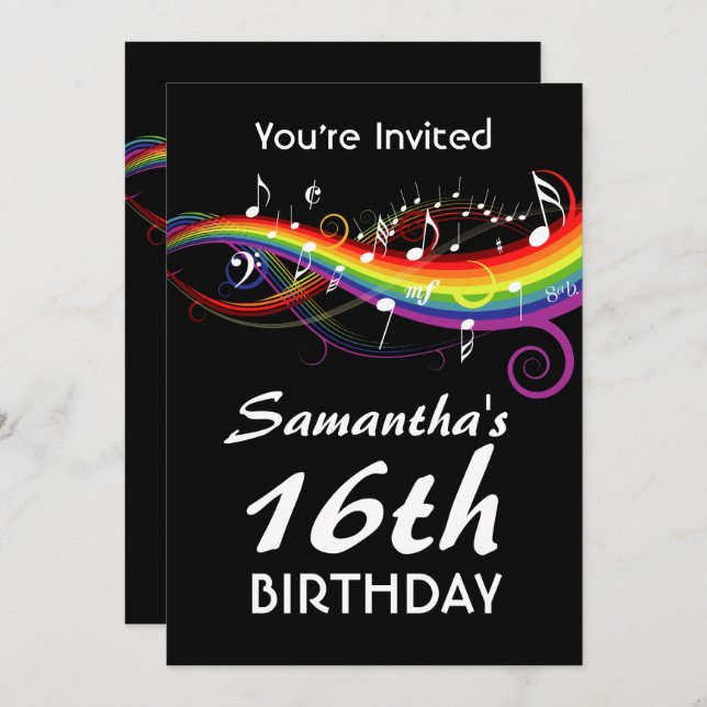 Rainbow White Music Notes 16th Birthday Party Invitation (Front/Back)