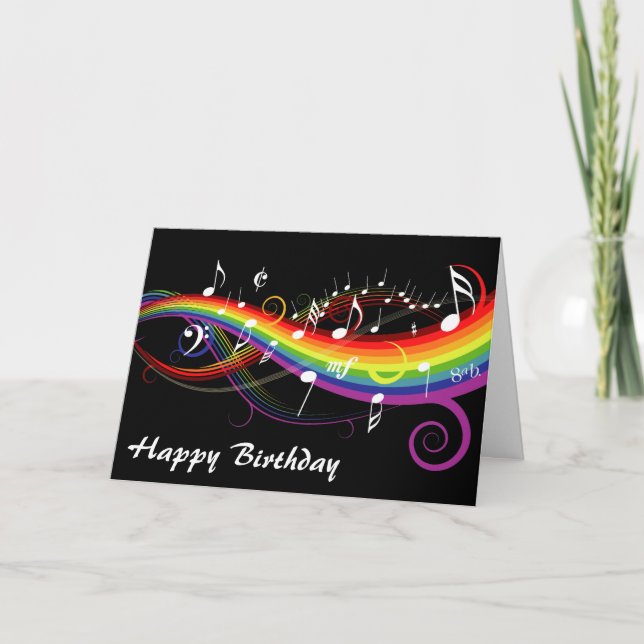 Rainbow White Music Notes Happy Birthday Card (Front)
