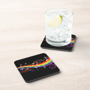 Rainbow White Music Notes on Black Coaster