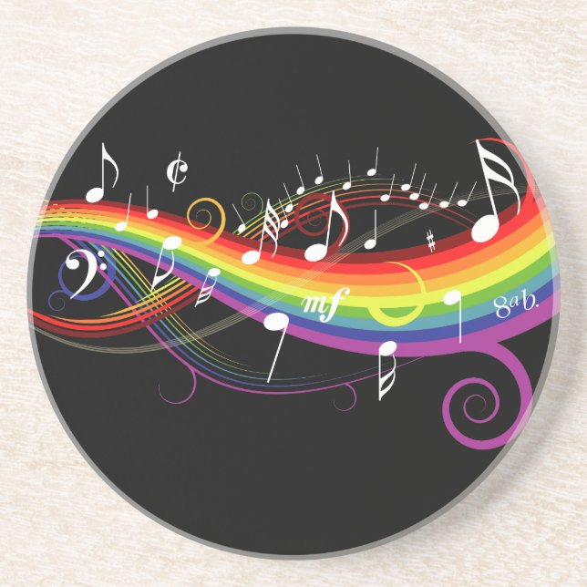 Rainbow White Music Notes on Black Coaster (Front)