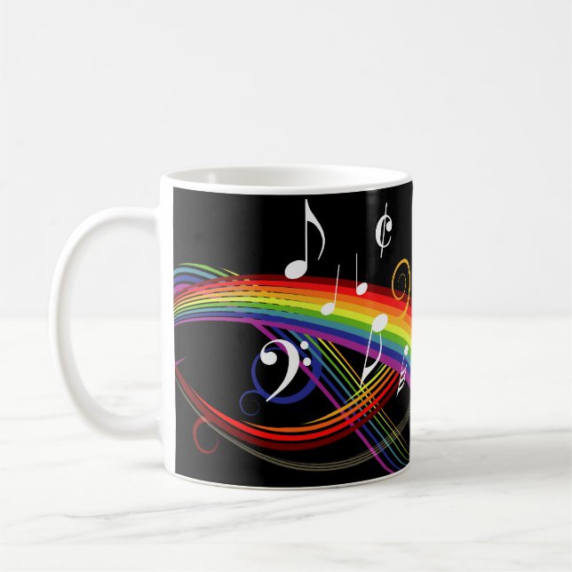 Rainbow White Music Notes on Black Coffee Mug (Left)