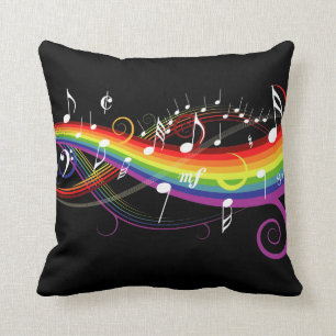 Rainbow White Music Notes on Black Cushion