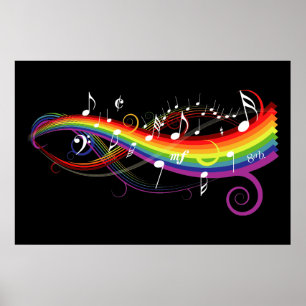 Rainbow White Music Notes on Black Poster