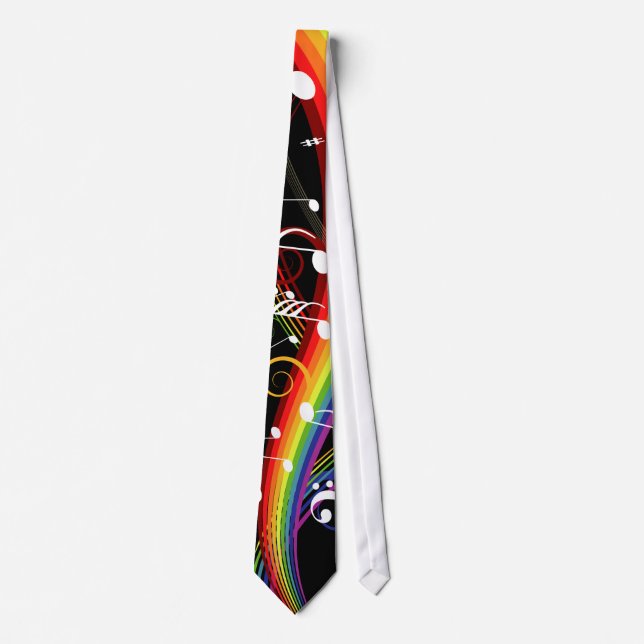 Rainbow White Music Notes on Black Tie (Front)