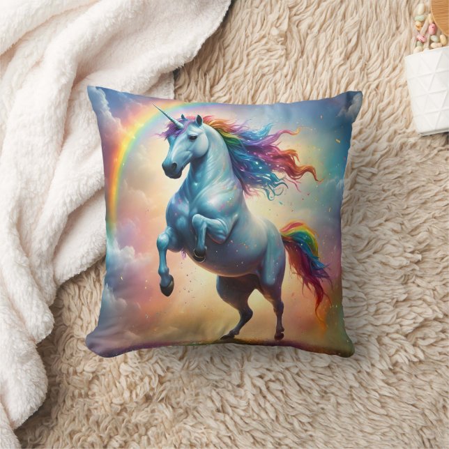 Rainbow White Unicorn Rearing, Cushion (Blanket)