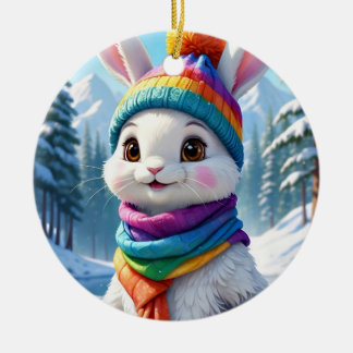 Rainbow White Winter Rabbit Ceramic Tree Decoration
