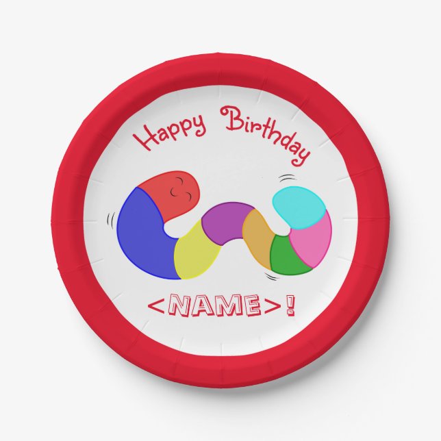 Rainbow Wiggle Worm Happy Birthday Paper Plates (Front)