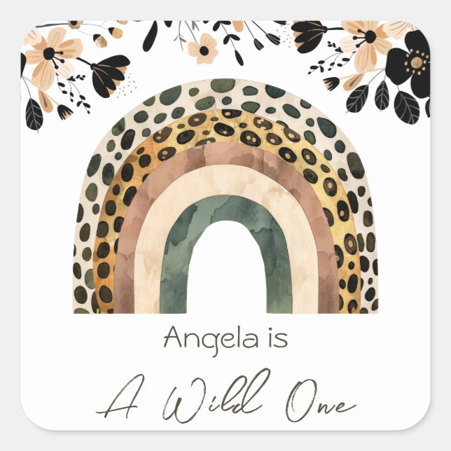 Rainbow Wild One Boho Floral Kids Birthday  Square Sticker (Front)