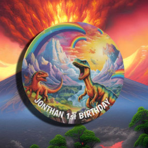 Rainbow Wild One dinosaurs birthday theme Paper Plate