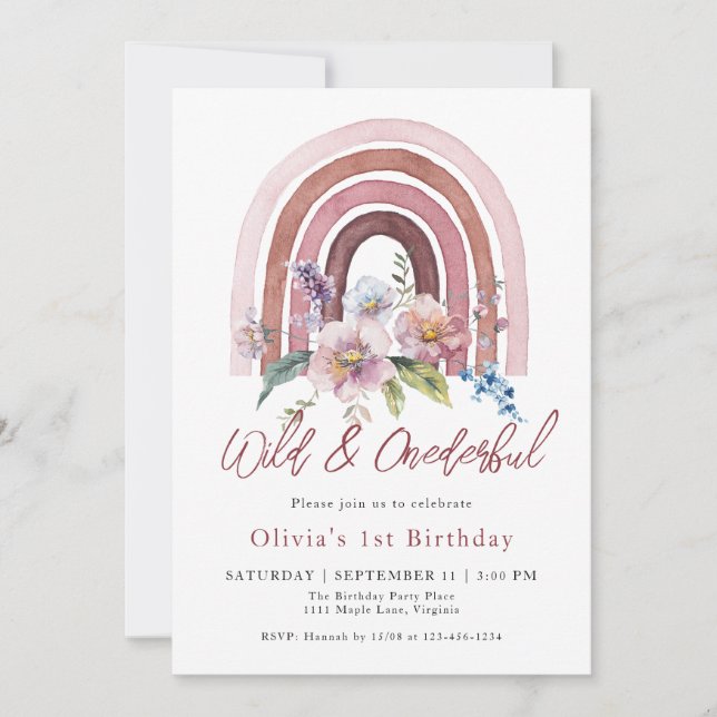 Rainbow Wild & Onederful Wildflower 1st Birthday   Invitation (Front)