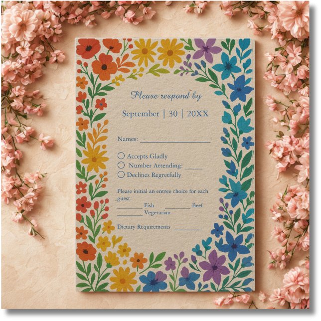 Rainbow Wildflower Rustic Floral Wedding RSVP Card (Creator Uploaded)