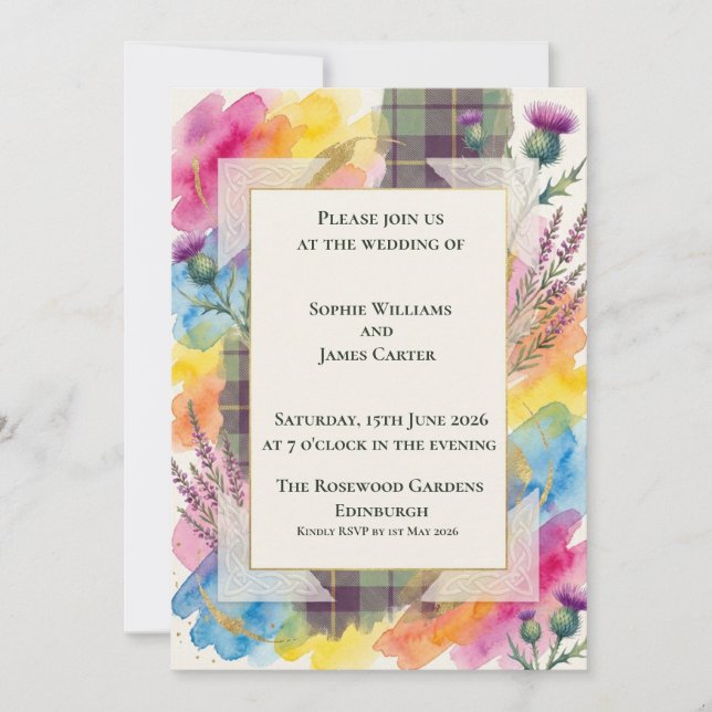 Rainbow Wildflower Tartan Wedding Invitation (Front)