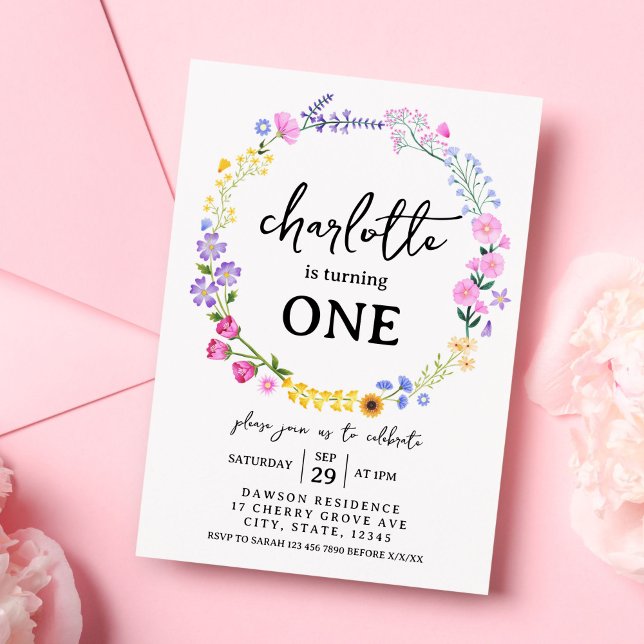 Rainbow Wildflowers Baby Girl 1st Birthday Spring Invitation (Baby Girl First Birthday Wildflower Spring Invitation)