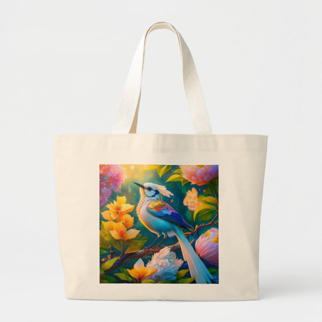 Rainbow Winged Jay Fantasy Bird Large Tote Bag (Front)