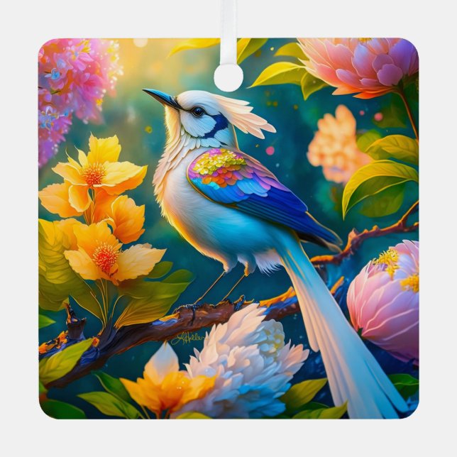 Rainbow Winged Jay Fantasy Bird Metal Tree Decoration (Front)