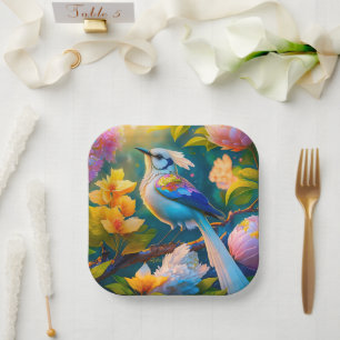Rainbow Winged Jay Fantasy Bird Paper Plate