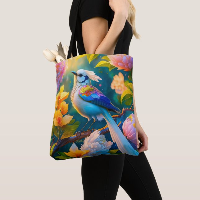 Rainbow Winged Jay Fantasy Bird Tote Bag (Close Up)