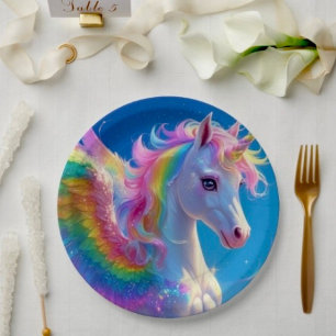 Rainbow Winged Prancing Unicorn  Paper Plate
