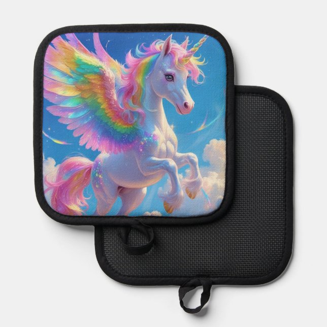 Rainbow Winged Prancing Unicorn Pot Holder (Front/Back)