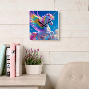 Rainbow Winged Prancing Unicorn Square Wall Clock