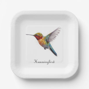 Rainbow Wings: Vibrant Hummingbird Art, custom Paper Plate