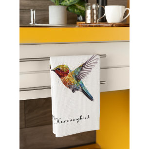 Rainbow Wings: Vibrant Hummingbird Art, custom Tea Towel