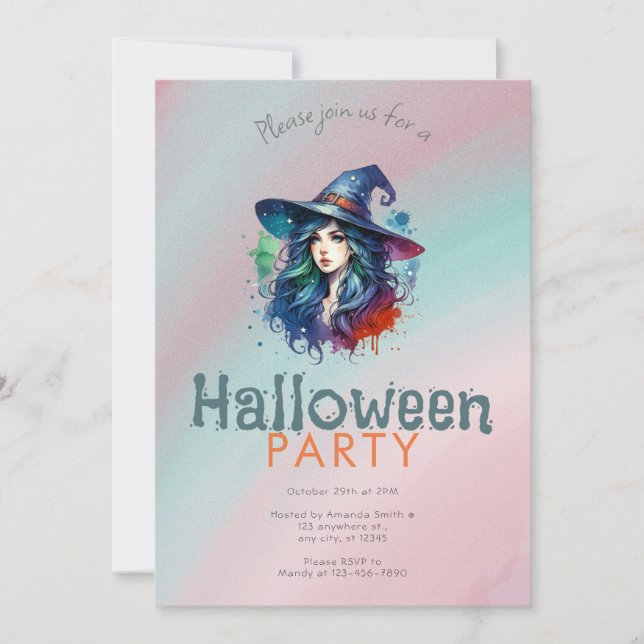 Rainbow Witch Hair Background  Halloween Party Invitation (Front)