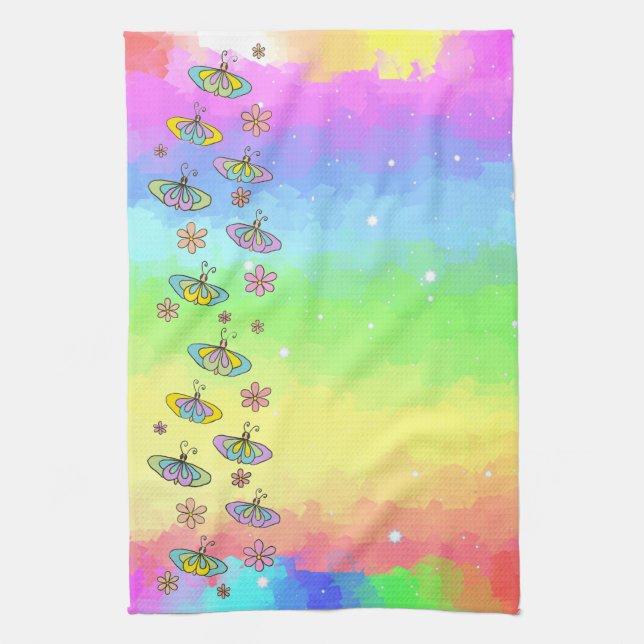 Rainbow with butterflies  tea towel (Vertical)