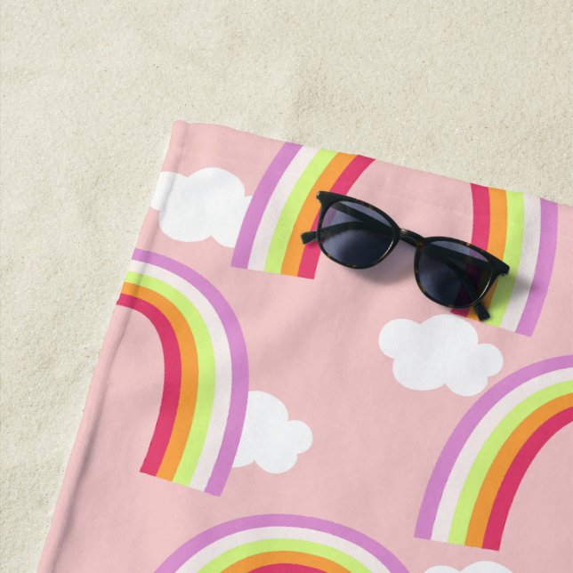 Rainbow with Cloud Pink Beach Towel (In Situ)