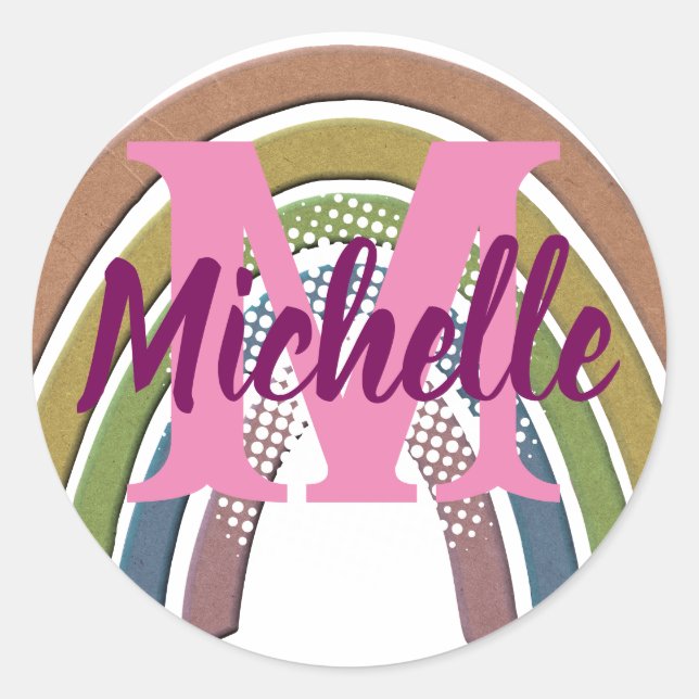 Rainbow With Faux Rustic Paper Texture Custom Name Classic Round Sticker (Front)